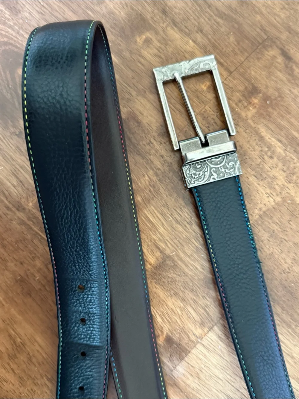 Robert Graham Reversible Black Brown Leather Belt Rainbow Stitching Size 40